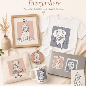 Puede incluir: Una colecci&oacute;n de art&iacute;culos personalizados con ilustraciones de l&iacute;nea de perros llamados Zoe, Cedar, Luna y Jude. Incluye un cuadro enmarcado, una camiseta blanca, una bolsa de tela, una placa para mascotas, una taza de cer&aacute;mica y pegatinas.