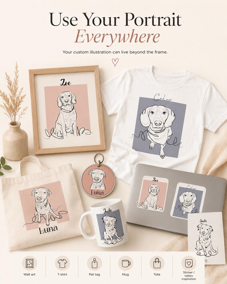 Puede incluir: Una colecci&oacute;n de art&iacute;culos personalizados con ilustraciones de l&iacute;nea de perros llamados Zoe, Cedar, Luna y Jude. Incluye un cuadro enmarcado, una camiseta blanca, una bolsa de tela, una placa para mascotas, una taza de cer&aacute;mica y pegatinas.