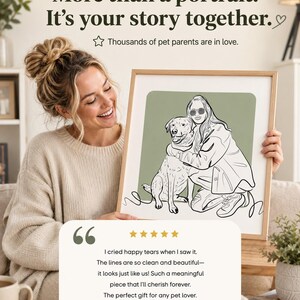 Puede incluir: Un retrato de arte lineal enmarcado que muestra a una persona abrazando a un perro sobre un fondo verde salvia. El texto dice: More than a portrait. It's your story together. Thousands of pet parents are in love. Incluye una rese&ntilde;a de cinco estrellas de Emma R.