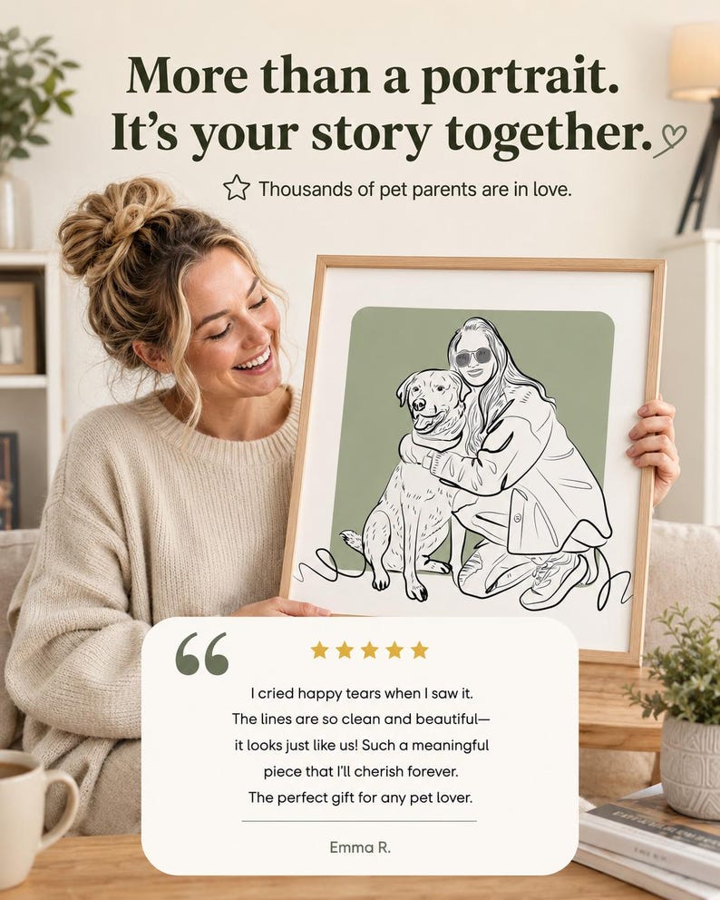 Puede incluir: Un retrato de arte lineal enmarcado que muestra a una persona abrazando a un perro sobre un fondo verde salvia. El texto dice: More than a portrait. It's your story together. Thousands of pet parents are in love. Incluye una rese&ntilde;a de cinco estrellas de Emma R.