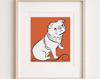 May include: A framed wall art print featuring a black and white line drawing of a pug wearing a harness, set against a solid burnt orange background. The pug is depicted in a sitting position with a leash trailing along the bottom edge.