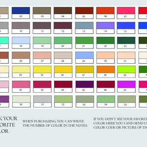 May include: A color chart with 56 numbered color swatches in a grid. The colors range from neutral tones to vibrant hues. Text at the bottom reads "Pick Your Favorite Color" and instructions on how to select a color.