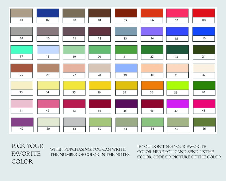 May include: A color chart with 56 numbered color swatches in a grid. The colors range from neutral tones to vibrant hues. Text at the bottom reads "Pick Your Favorite Color" and instructions on how to select a color.