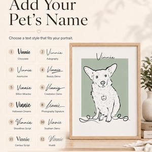 Puede incluir: Un retrato de arte lineal enmarcado de un perro sobre un fondo verde salvia, con el nombre Vinnie. La imagen muestra un men&uacute; de selecci&oacute;n con doce estilos de fuente distintos numerados del 1 al 12, incluyendo Chocolate, Autography y Vivaldi.