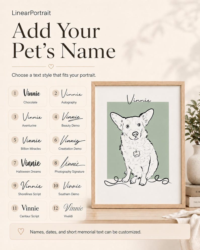Puede incluir: Un retrato de arte lineal enmarcado de un perro sobre un fondo verde salvia, con el nombre Vinnie. La imagen muestra un men&uacute; de selecci&oacute;n con doce estilos de fuente distintos numerados del 1 al 12, incluyendo Chocolate, Autography y Vivaldi.