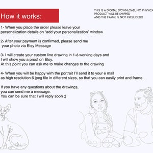 May include: Digital download art print instructions. The image shows a red banner with the text "How it works:" and numbered steps. A line drawing of a cat and a couple are also shown. The text states this is a digital download, no physical product will be shipped.