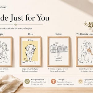 Puede incluir: Cuatro retratos personalizados de arte lineal enmarcados y exhibidos en una pared. Las impresiones presentan ilustraciones en tinta negra de personas, un perro, una casa y una pareja de boda. El texto incluye LinearPortrait y Made Just for You.