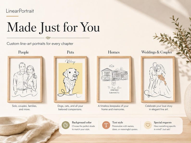 Puede incluir: Cuatro retratos personalizados de arte lineal enmarcados y exhibidos en una pared. Las impresiones presentan ilustraciones en tinta negra de personas, un perro, una casa y una pareja de boda. El texto incluye LinearPortrait y Made Just for You.