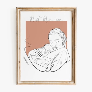 Custom First Mothers Day and Christmas Gift, Baby Sketch, New Mom Portrait Art, Personalized Newborn Drawing, Unique Line Art for Mommy