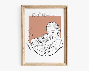 Custom Hand Drawn Line Art Portrait – Mother and Baby Keepsake Art