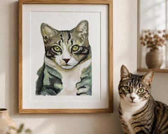 Original Watercolor Cat Portrait Painting from Photo
