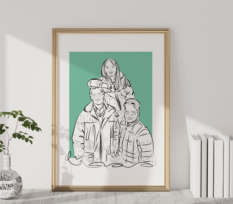 Op de afbeelding: Een zwart-witte lijntekening van drie personen, twee volwassenen en een kind, die samen staan. De achtergrond is effen turquoise.