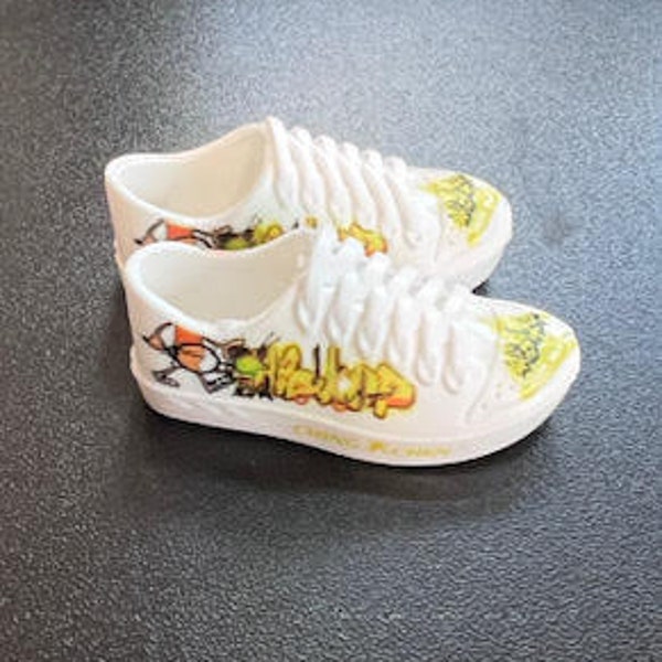 White Rubber Fingerboard Slip-On Vans Shoes with Graffiti for Fingerboarders and Techdeck Riders and Miniature Enthusiast