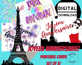 Joyeux anniversaire! - Set Of 3! - French Card - Happy Birthday en français - French birthday card - printable card