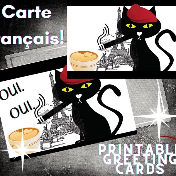 Paris Meow! Set of 2 Printable Greeting Card - France Card - Carte français - Digital Download - Black Cat - Chat Noir -