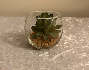 Small Glass Bowl With Plastic Succulent, Home Decor