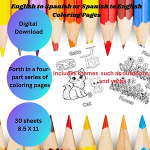 English to Spanish Coloring Pages| Coloring Book for kids| Digital Coloring Pages| Printable| PDF| Educational