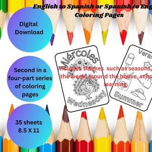 English to Spanish Coloring Pages| Coloring Book for kids| Digital Coloring Pages| Printable| PDF| Educational