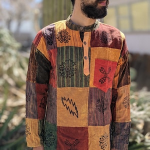 Hippie Collarless Grandad Stonewashed Cotton Natural Shirt Top OM Nepalese Hoody 