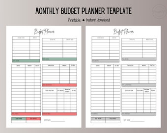 Puede incluir: Plantilla de planificador de presupuesto mensual imprimible con el texto "Monthly Budget Planner Template" en la parte superior. El planificador incluye secciones para ingresos, ahorros, gastos y suscripciones. También se ven las palabras "Printable" e "Instant download".