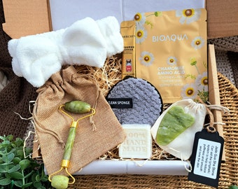 Home Spa Gift Box: Self Care Facial Massage Kit, Jade Roller, Gua Sha Stone