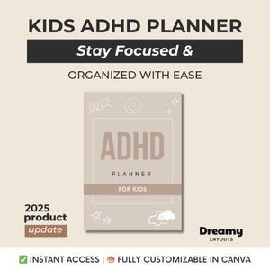 Puede incluir: Un planificador beige para niños con TDAH con el texto "ADHD PLANNER FOR KIDS". El planificador tiene un borde marrón claro e incluye el texto "Stay Focused & ORGANIZED WITH EASE". La imagen también incluye el texto "2025 product update".