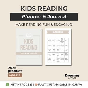 Puede incluir: Un planificador y diario beige titulado "KIDS READING" con el texto "Planner & Journal". También se muestra una hoja de "Reading Bingo". El texto "MAKE READING FUN & ENGAGING!" está encima del planificador. Las palabras "2025 product update" también son visibles.