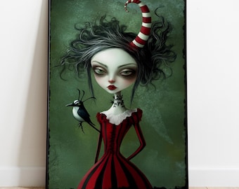 Quirky Goth Character Wall Art Print, Printable Digital Download Home Decor