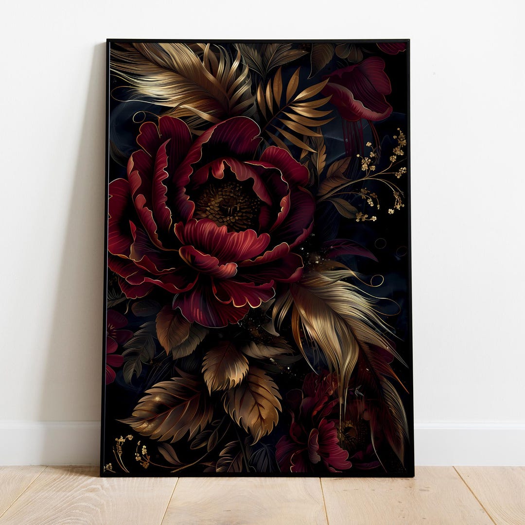 Dark Red Floral Printable Wall Art With a Black Background, Dark ...