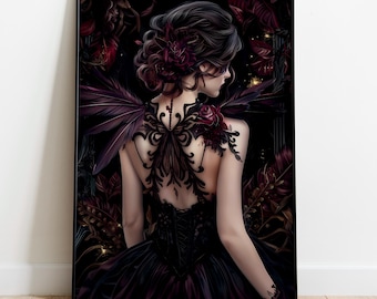 Romantic Floral Gothic Woman Wall Art Print, Printable Digital Download Home Decor