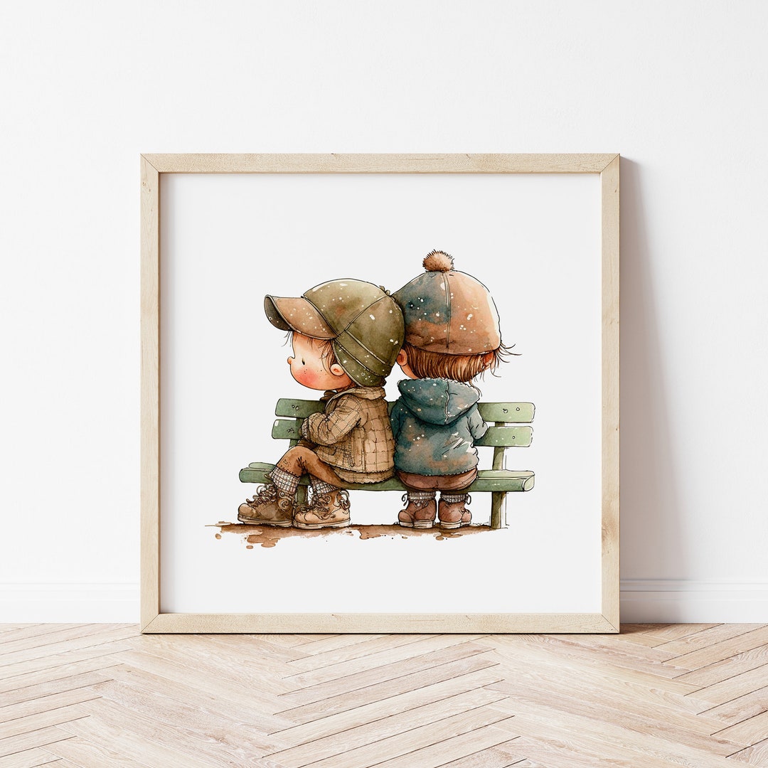 Kids Wall Art Prints, Children on a Bench Wall Art, Kids Room Decor
