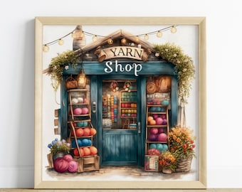 Affiche murale fantaisiste représentant une boutique de laine, à imprimer et à télécharger pour la décoration intérieure.