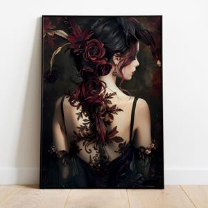 Moody Gothic Woman Wall Art Print, Floral Gothic Wall Art, Dark Romantic Gothic Wall Art, Printable Digital Download Wall Art
