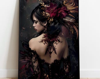 May include: A framed wall art print featuring a portrait of a person with dark hair styled in an updo, adorned with deep red flowers and feathers. The person wears a black lace garment and displays an intricate dark floral tattoo on their back.