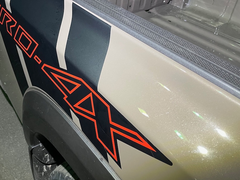 Puede incluir: Primer plano de una caja de cami&oacute;n con un dise&ntilde;o gr&aacute;fico en blanco y negro que incluye el texto "PRO-4X" en rojo. La caja del cami&oacute;n est&aacute; pintada de un color dorado claro con un acabado met&aacute;lico.