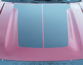 May include: A red truck hood with two black racing stripes down the center.