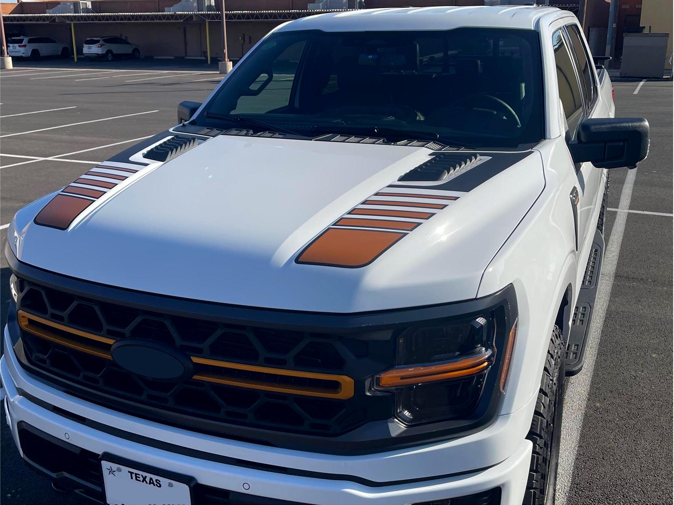 Hood Stripe Graphics Decal by LUDesignsNY for a 2021-2026 Ford F-150 Tremor or Lariat Black Model. Installation Video & Squeegee Included!