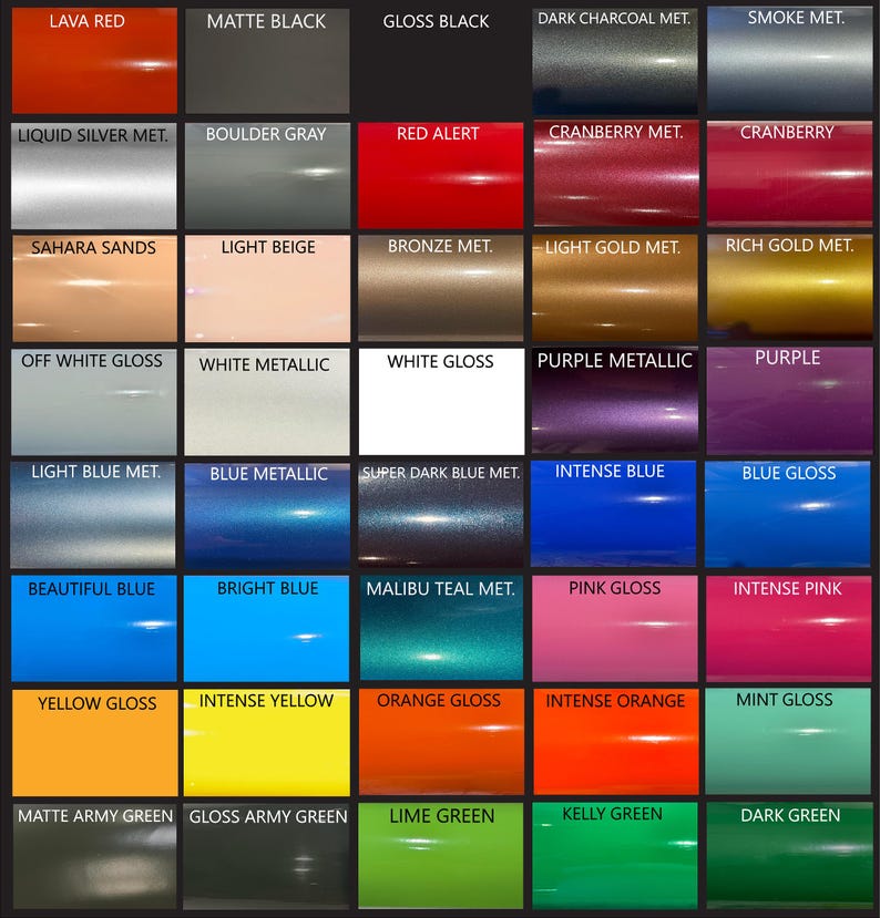 Puede incluir: Un gr&aacute;fico de 5 filas y 5 columnas que muestra 25 colores de pintura diferentes. Cada color tiene un nombre escrito en negro encima. Los colores incluyen rojo, naranja, amarillo, verde, azul, morado, rosa, marr&oacute;n, gris, blanco, negro y tonos met&aacute;licos.