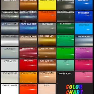 May include: A color chart featuring a variety of paint colors, including matte, gloss, and metallic finishes. Colors range from black and white to vibrant shades of yellow, orange, red, green, and blue. The text "COLOR CHART" is displayed at the bottom.