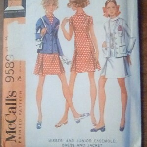 May include: Vintage McCall's sewing pattern number 9580 for a misses' and junior ensemble dress and jacket. The pattern features three women wearing the dress and jacket in different colors and patterns.