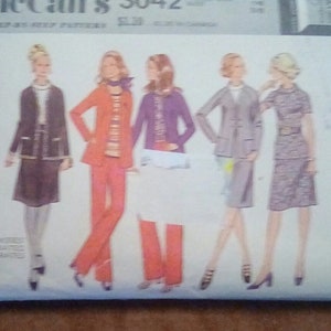 May include: A vintage sewing pattern for five different outfits. The pattern is for McCall's 3042 and is labeled "Easy" on the front. The outfits include a skirt and jacket, pants and jacket, a dress, and two other outfits.