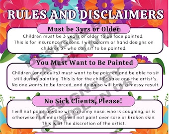 Facepainting Rules and Disclaimers Sign - Printable Download