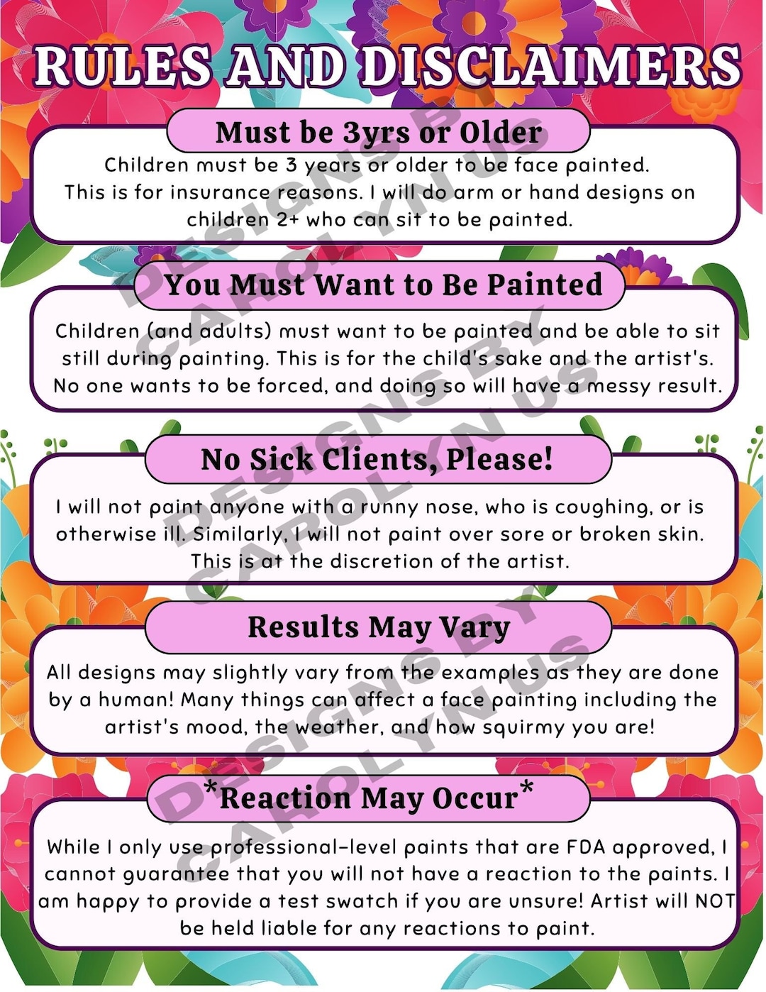Facepainting Rules and Disclaimers Sign Printable Download Etsy