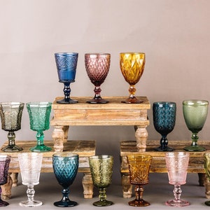 Mismatched Goblets (Set of 4 or 6), Vintage Like Goblets, Colorful Glassware, Wedding Goblets, Dining Goblets, Glassware for Partiets