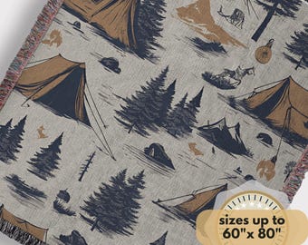 Camping Throw Blanket Outdoor Tapestry Wilderness Wall Hanging Gift for Camper Nature Lover Rustic Home Decor Forest Woven Cotton Adventure