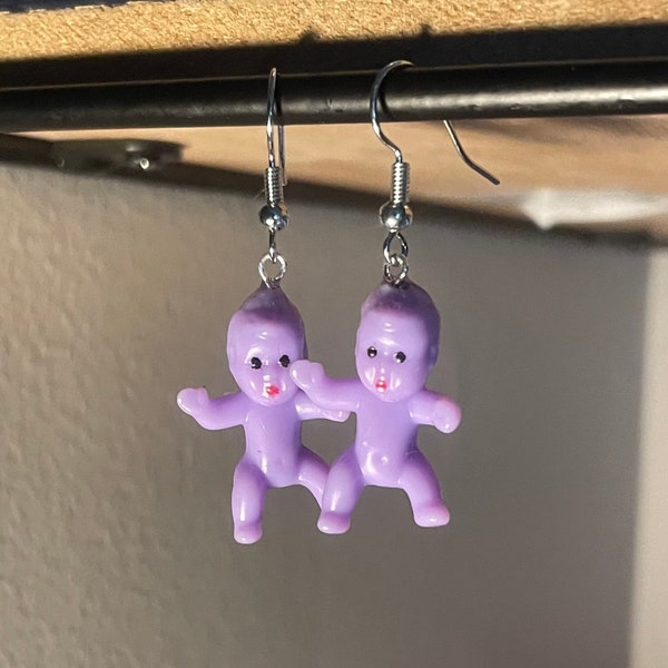 plastic miniature babies earrings, quirky earrings, novelty earrings, unique earrings clip-on and keychain option