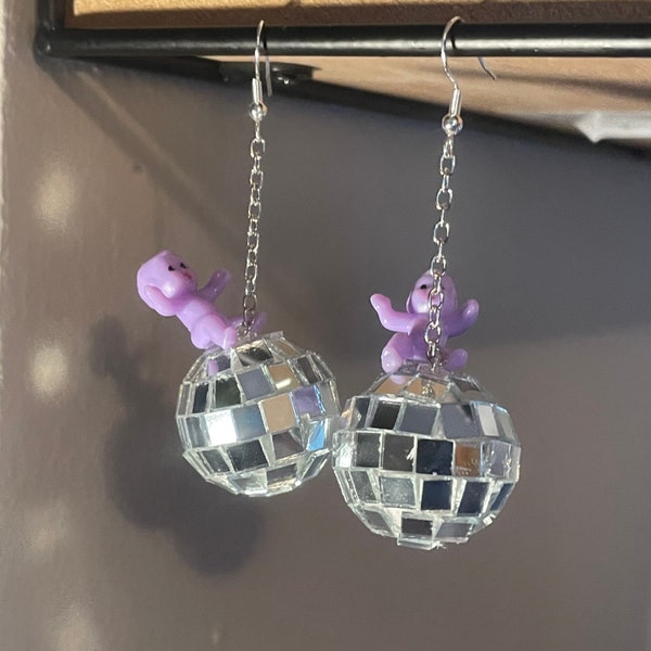 babies on disco balls earrings, quirky earrings, novelty earrings, unique earrings clip-on and keychain option