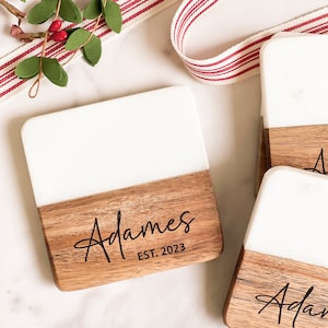 Custom Engraved Marble Wood Coasters | Personalized Coaster Set | Housewarming Gifts Wedding Gifts Mom Christmas Gifts Housewarming Gift