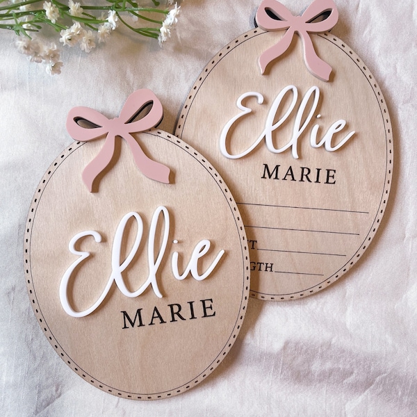 Baby Girl Name Sign | Newborn Bow Announcement | Bow Birth Plaque