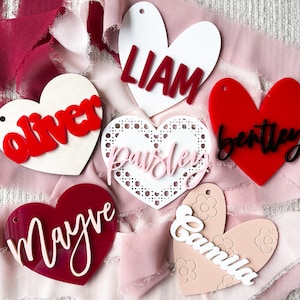 Valentines Name Tag | Personalized Name Valentine&#39;s Day Gift Basket Gift Tag | Acrylic Gift Tag |  Heart Tag | Valentines Basket Tag